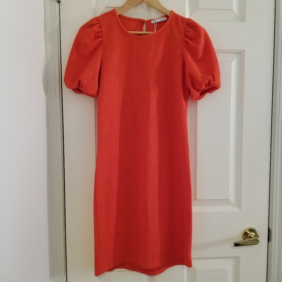 🌷ZARA • Orange Tweed-effect Short Puff Sleeve A-Line Shift Dress NWT - Picture 5 of 15
